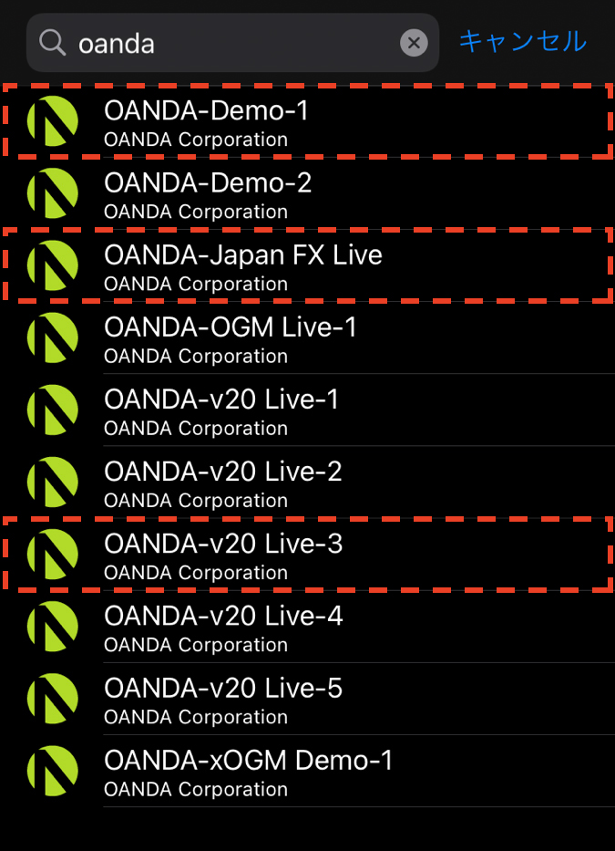 OANDA JapanのMT4サーバは、本番口座が「OANDA-Japan FX Live」（東京サーバ）、もしくは「OANDA-v20 Live-3」（NYサーバ）で、デモ口座が「OANDA-Demo-1」です